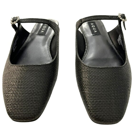 Aqua Black Square-Toe Woven Flats Rhinestone Buckle Strap Size 7.5 NEW - Picture 2 of 7